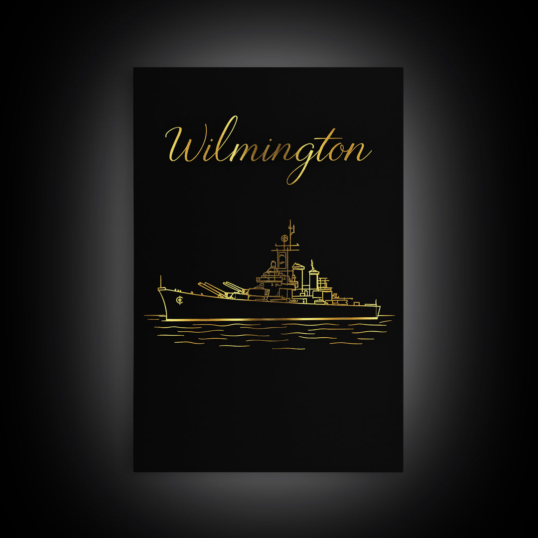 Wilmington Travel Poster, Framed Canvas Print, Black Gold Minimalist Art, Wilmington Travel Art, Living Room Wall Art, Home Office Decor