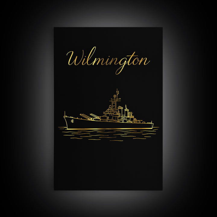 Wilmington Travel Poster, Framed Canvas Print, Black Gold Minimalist Art, Wilmington Travel Art, Living Room Wall Art, Home Office Decor