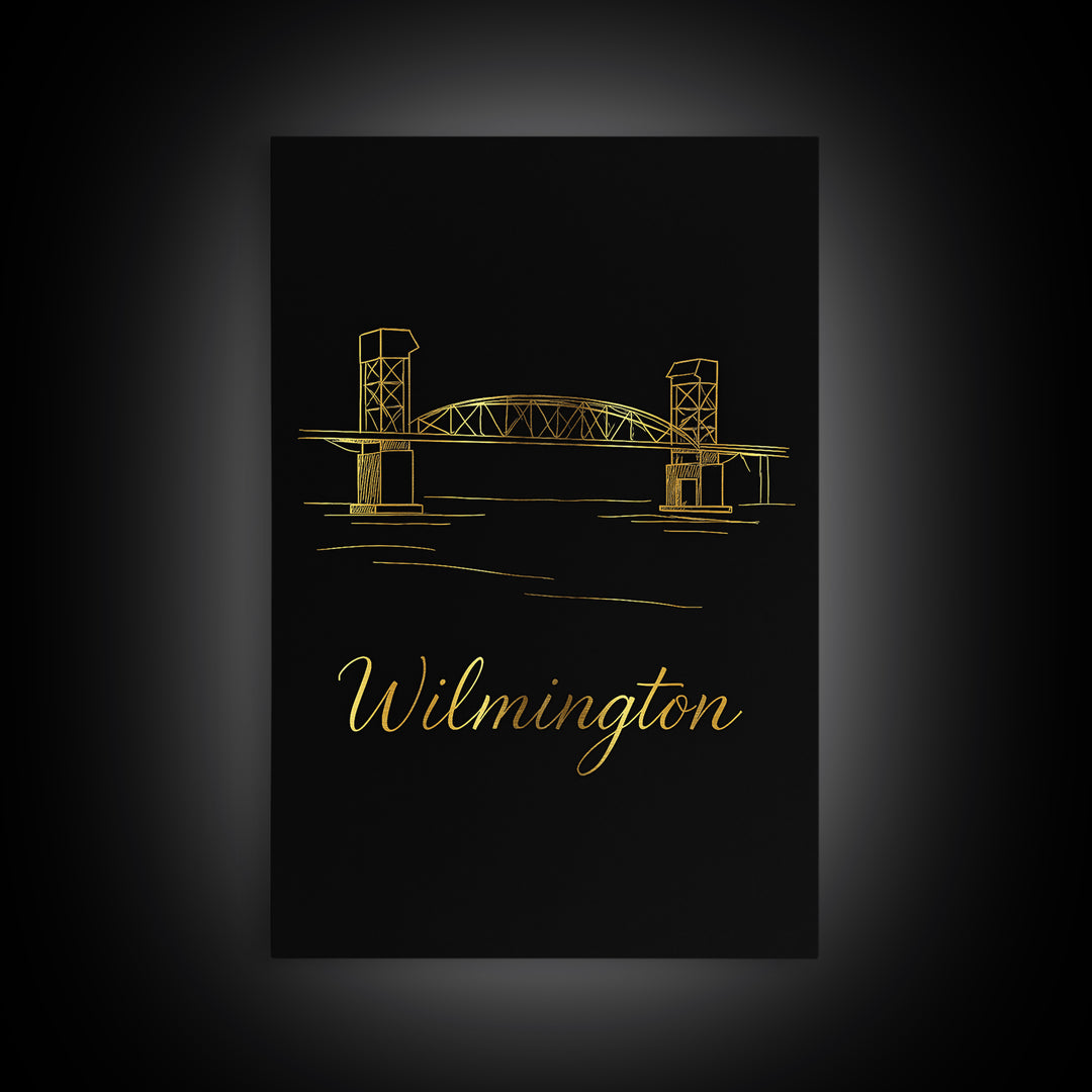 Wilmington Travel Poster, Canvas Print, Gold Outline Poster Art, Wilmington Travel Art, Mid Century Wall Art, Vintage Travel Art