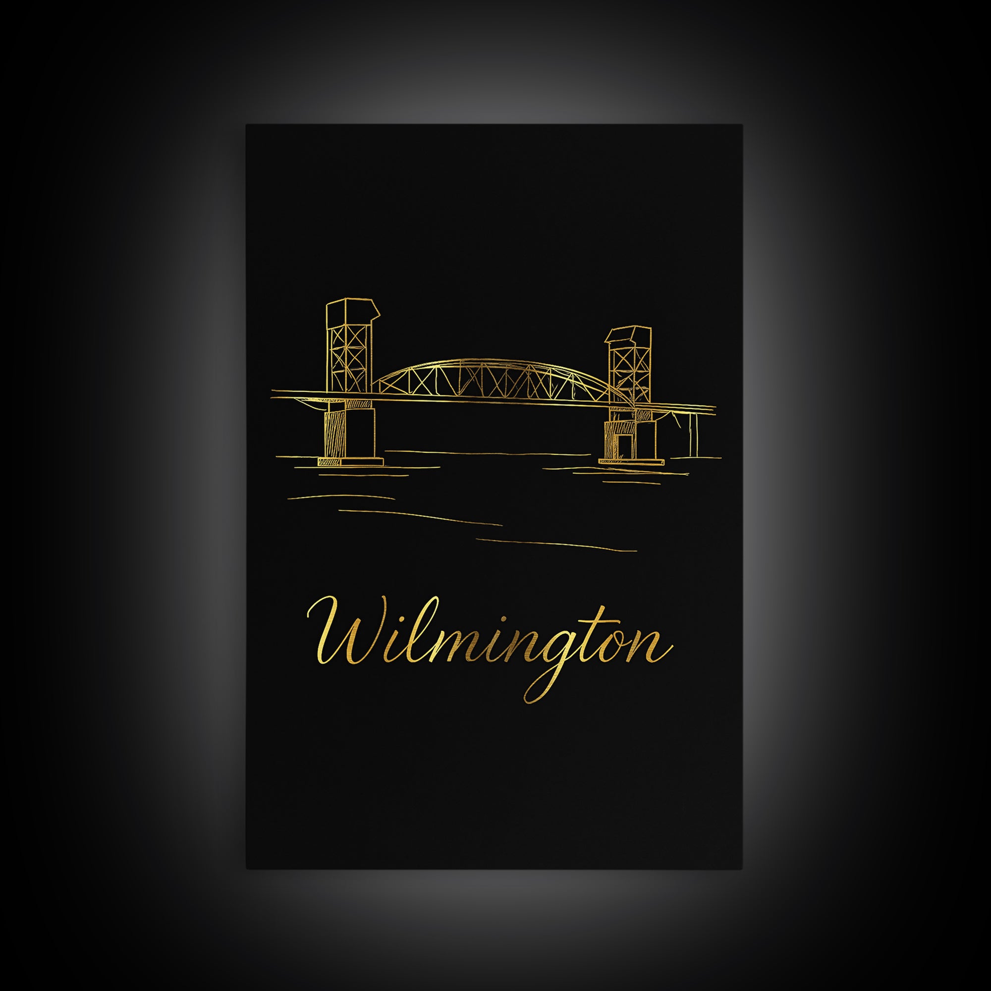 Wilmington Travel Poster, Canvas Print, Gold Outline Poster Art, Wilmington Travel Art, Mid Century Wall Art, Vintage Travel Art