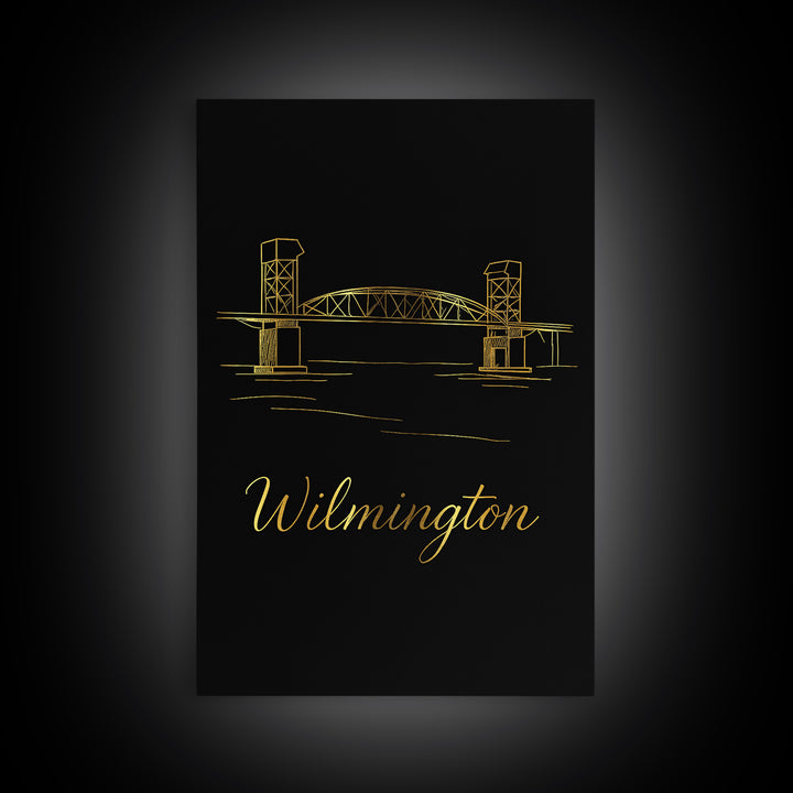 Wilmington Travel Poster, Canvas Print, Gold Outline Poster Art, Wilmington Travel Art, Mid Century Wall Art, Vintage Travel Art