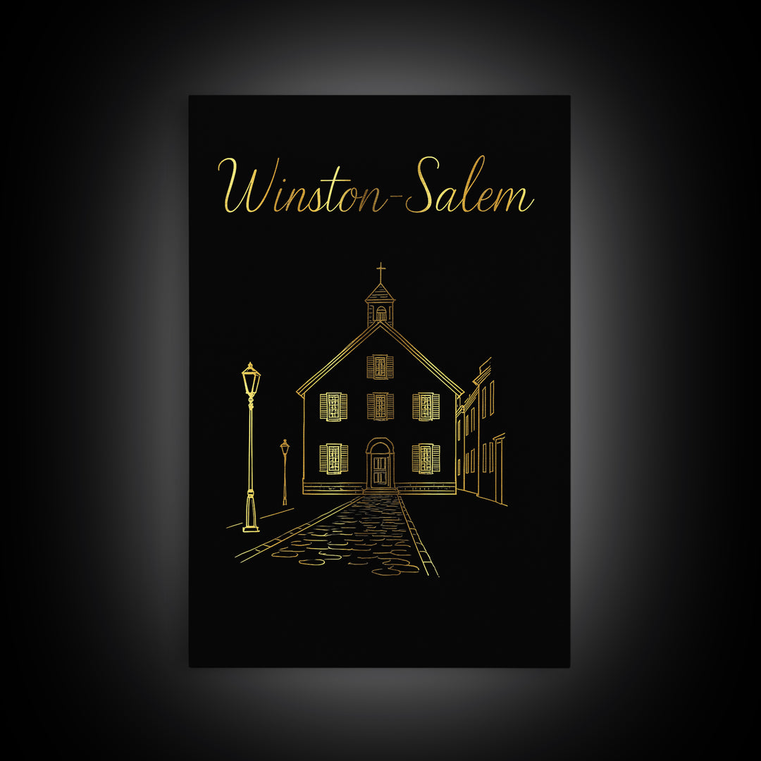 Winston Salem Travel Poster, Framed Canvas Print, Black Gold Minimalist Art, Winston Salem Wall Art, Modern Wall Decor, Eclectic Wall Decor