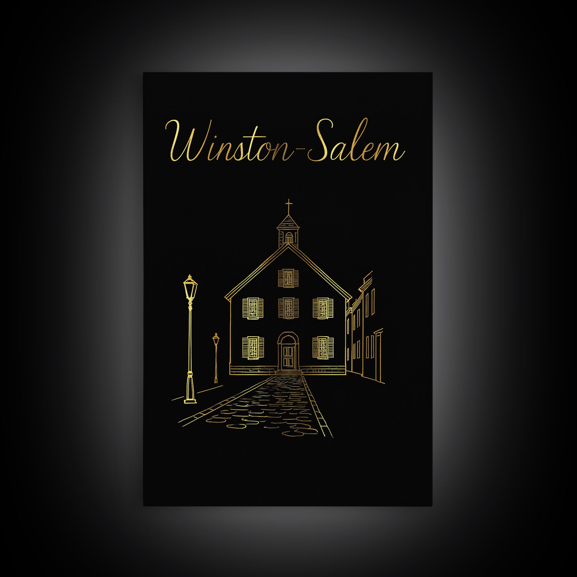 Winston Salem Travel Poster, Framed Canvas Print, Black Gold Minimalist Art, Winston Salem Wall Art, Modern Wall Decor, Eclectic Wall Decor