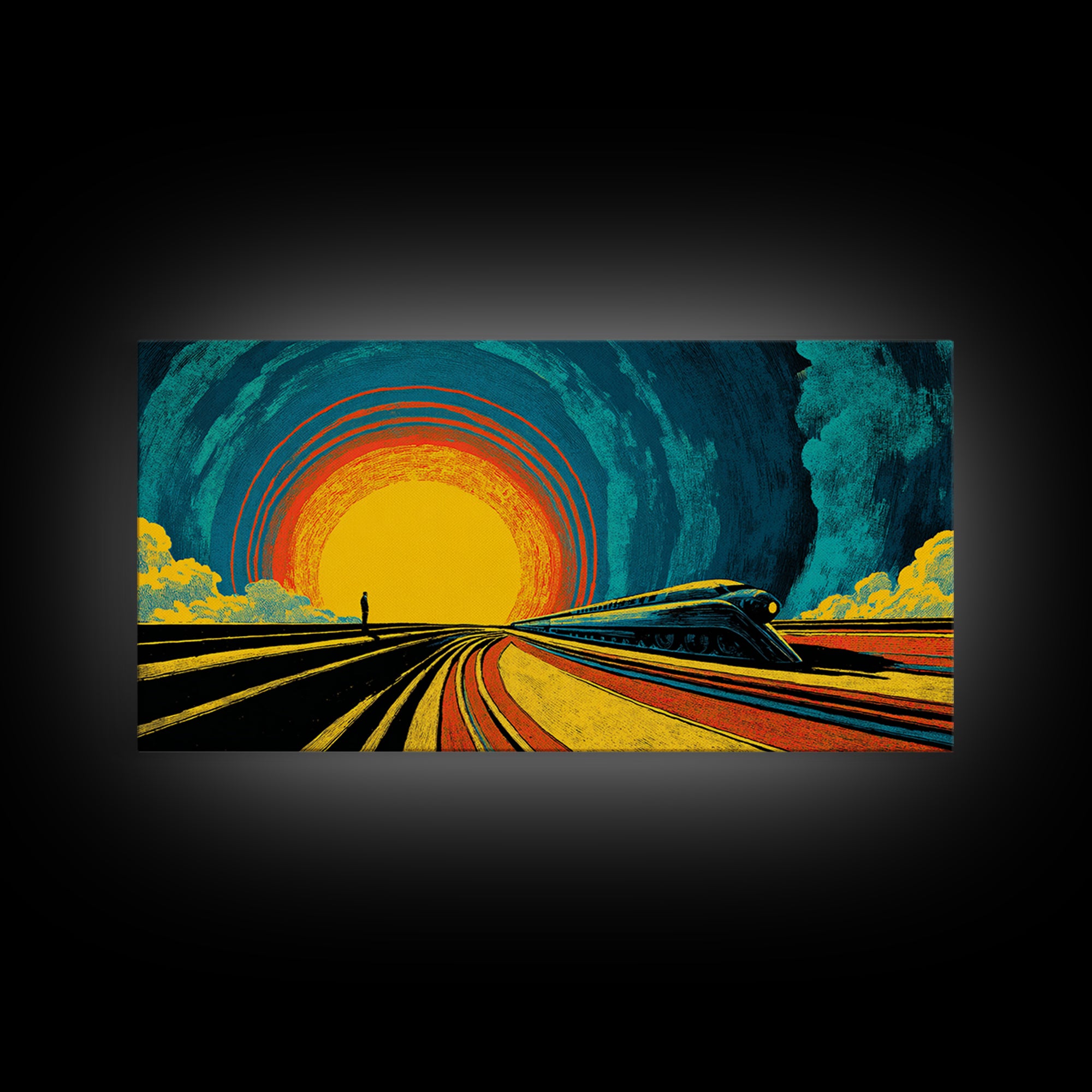 Futuristic Train Sunset Wall Art, Retro Sci Fi Railway Poster, Midcentury Modern Decor, MCM Wall Decor, Bold Orange Blue Print
