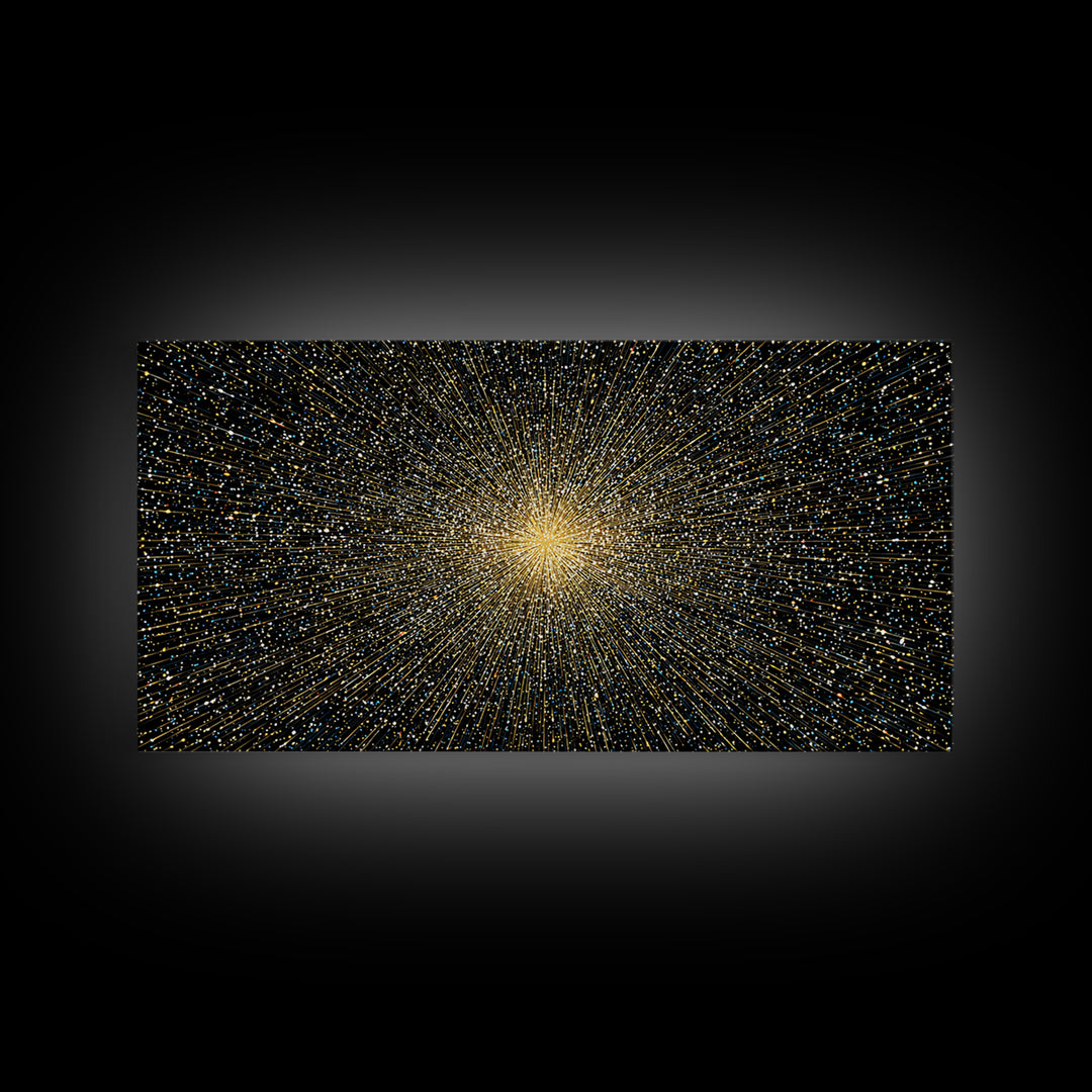 Golden Particle Explosion Wall Art, Radiant Starburst Abstract, Modern Art Print, Black Gold Space Poster, Office Decor Gift