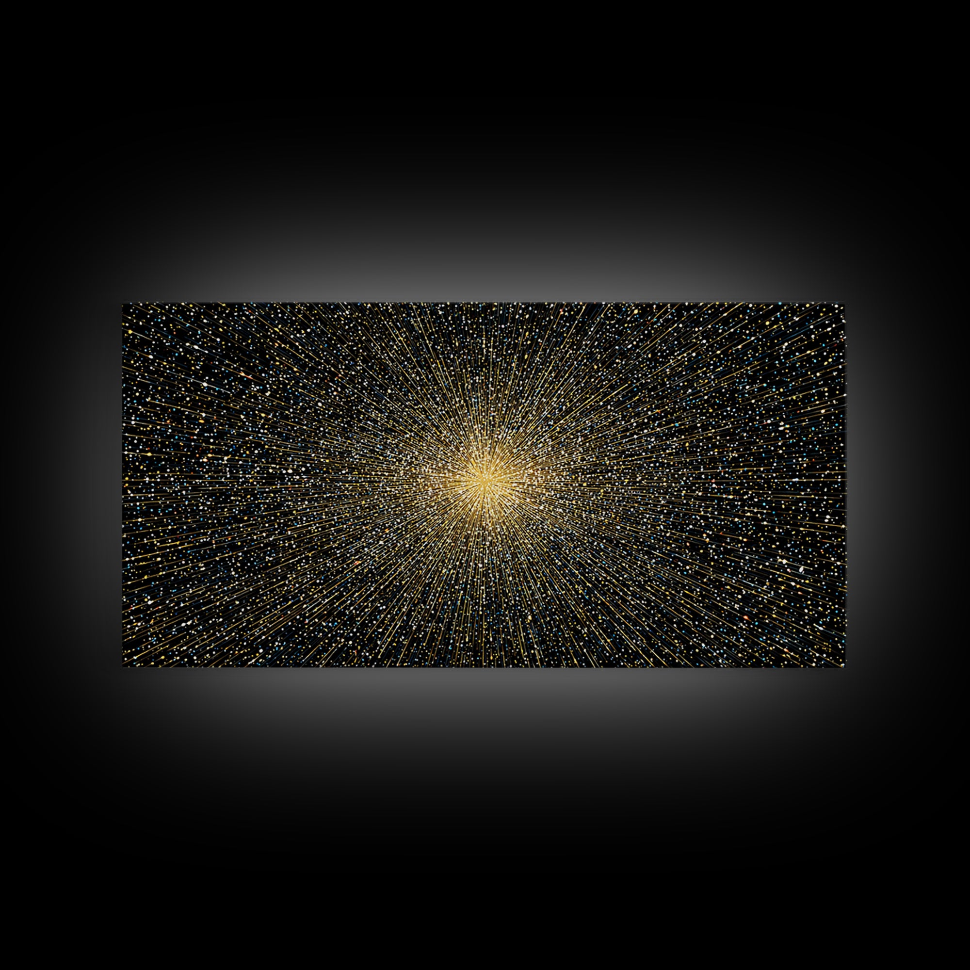 Golden Particle Explosion Wall Art, Radiant Starburst Abstract, Modern Art Print, Black Gold Space Poster, Office Decor Gift