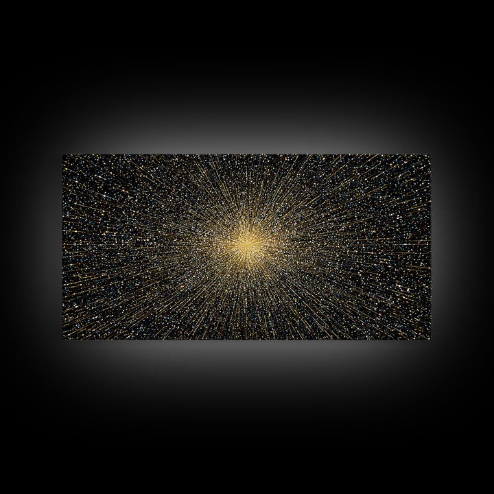 Golden Particle Explosion Wall Art, Radiant Starburst Abstract, Modern Art Print, Black Gold Space Poster, Office Decor Gift