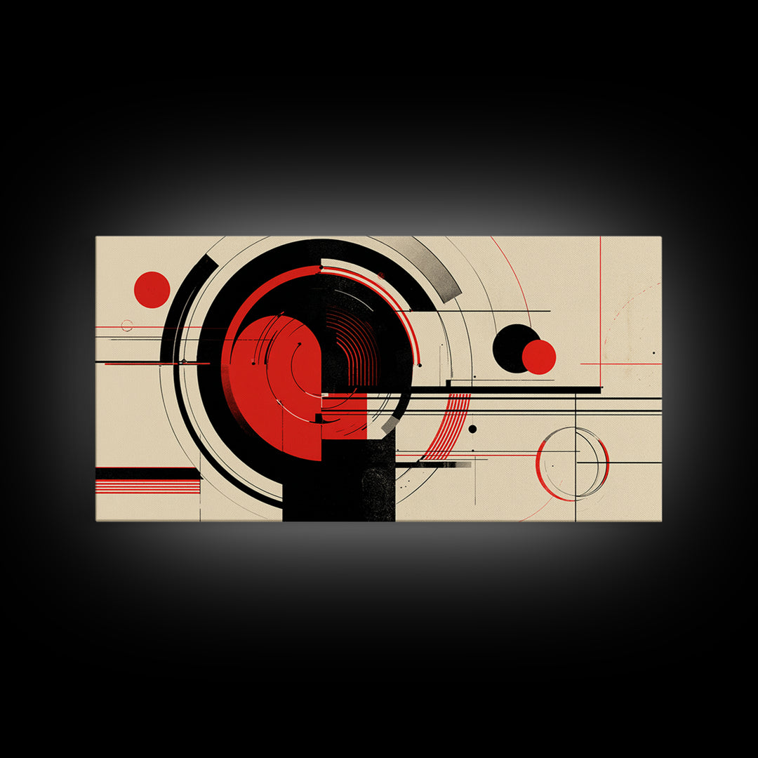 Red Black Circular Abstract Canvas Print, Mid Century Modern Wall Decor, Geometric Bauhaus Poster, Atomic Retro Artwork Print
