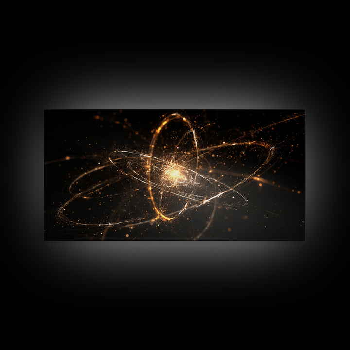 Golden Atomic Orbit Wall Art, Modern Abstract Space Poster, Cosmic Particle Artwork, Black Gold Home Office Decor Print Gift
