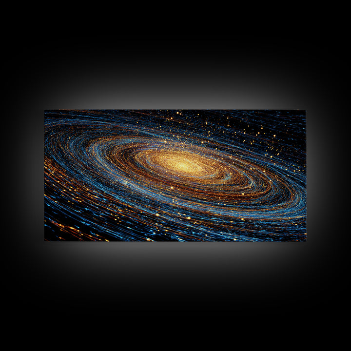 Blue Gold Spiral Galaxy Framed Canvas Print, Cosmic Space Wall Art, Modern Abstract Poster, Large Sci Fi Decor For Living Room
