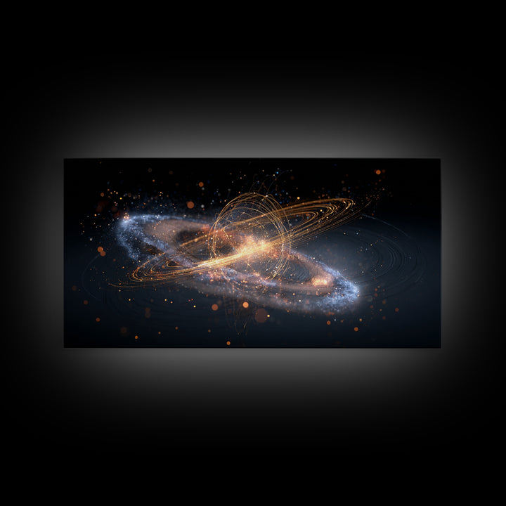 Golden Cosmic Galaxy Wall Art, Saturn Ring Space Abstract Poster, Modern Sci Fi Decor, Large Canvas Print For Home Office