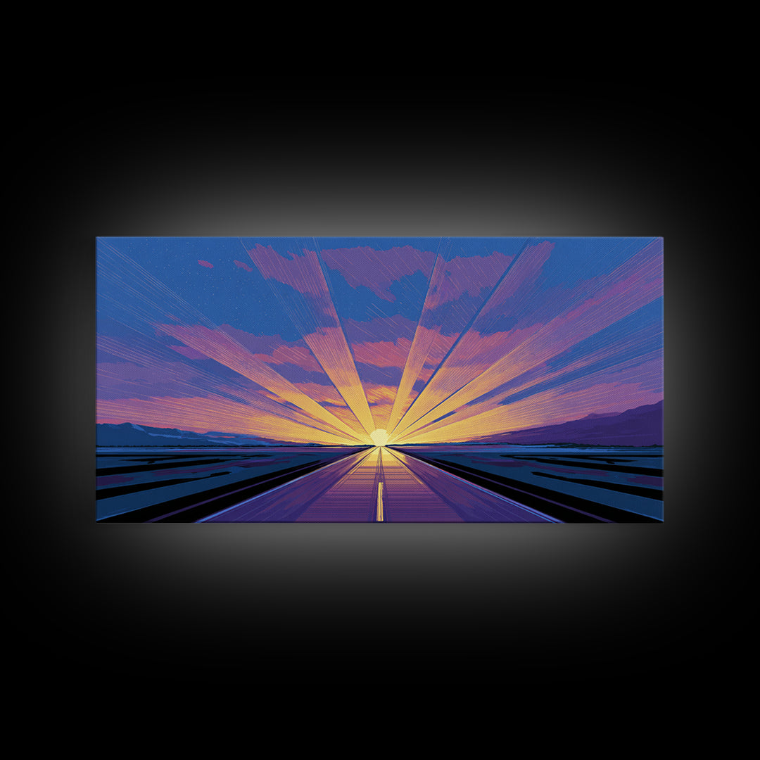 Radiant Road Sunset Canvas Print, Purple Blue Horizon Rays, Retro Travel Poster, Modern Wall Art, Midcentury Decor, Home Office Art