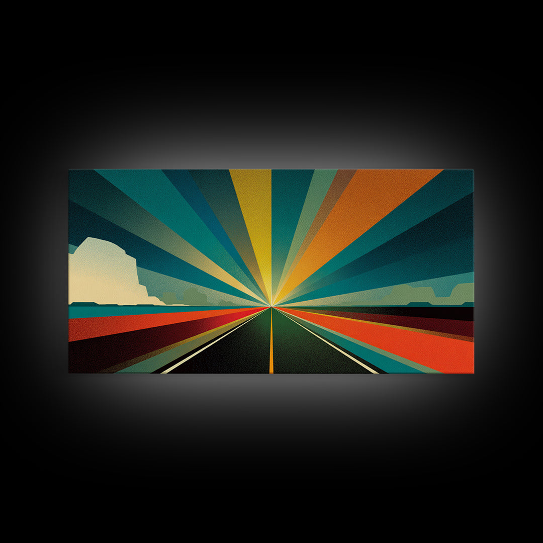 Retro Desert Highway Sunburst Wall Art, Teal Orange Perspective Landscape, Midcentury Modern Decor, Modern Art Print, MCM Wall Decor