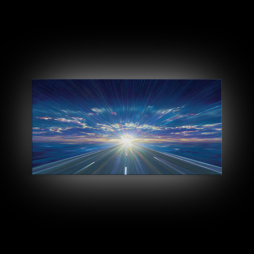 Blue Highway Light Burst Canvas Print, Radiant Horizon Road, Modern Abstract Art, Retro Wall Art, Home Office Decor, Large Prints