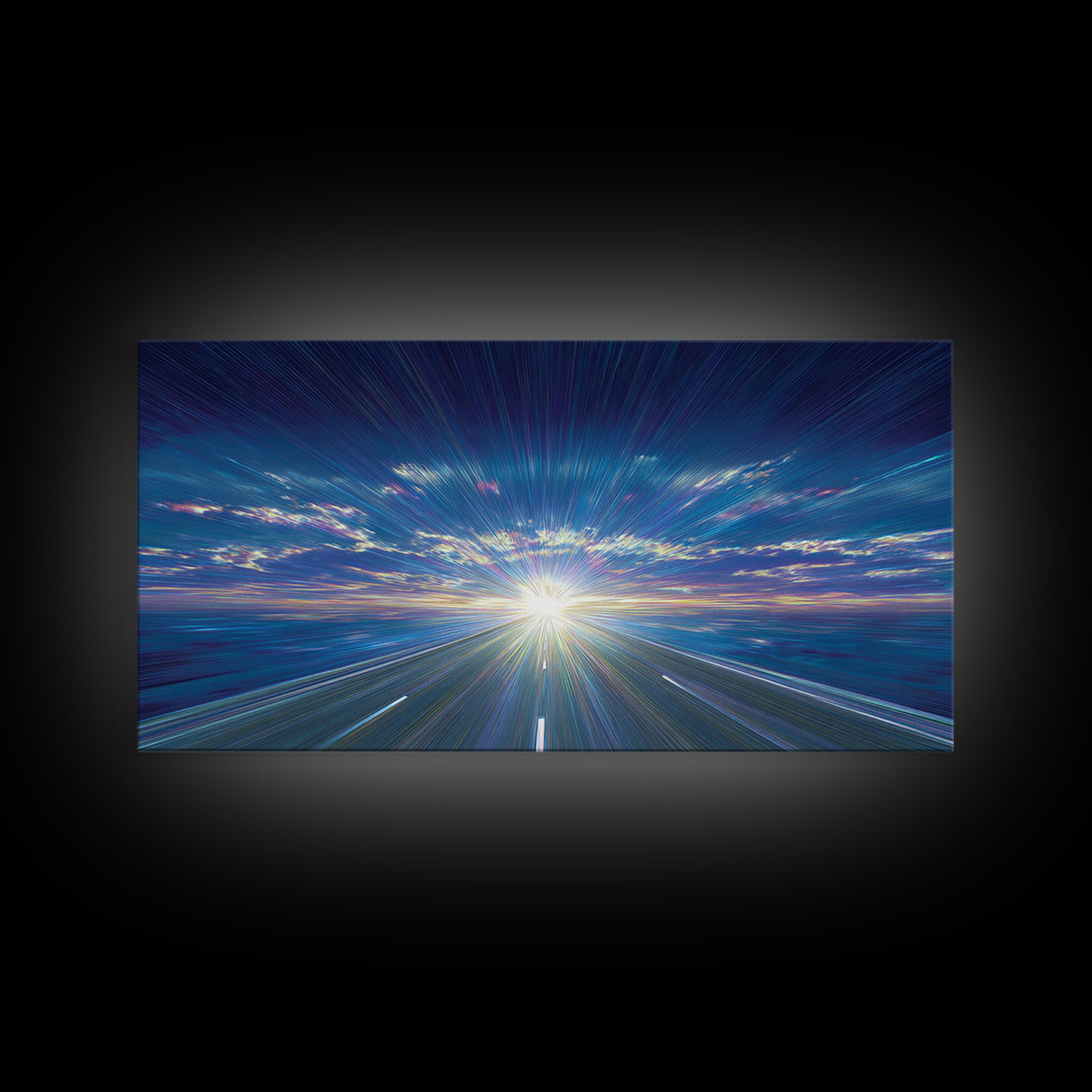Blue Highway Light Burst Canvas Print, Radiant Horizon Road, Modern Abstract Art, Retro Wall Art, Home Office Decor, Large Prints