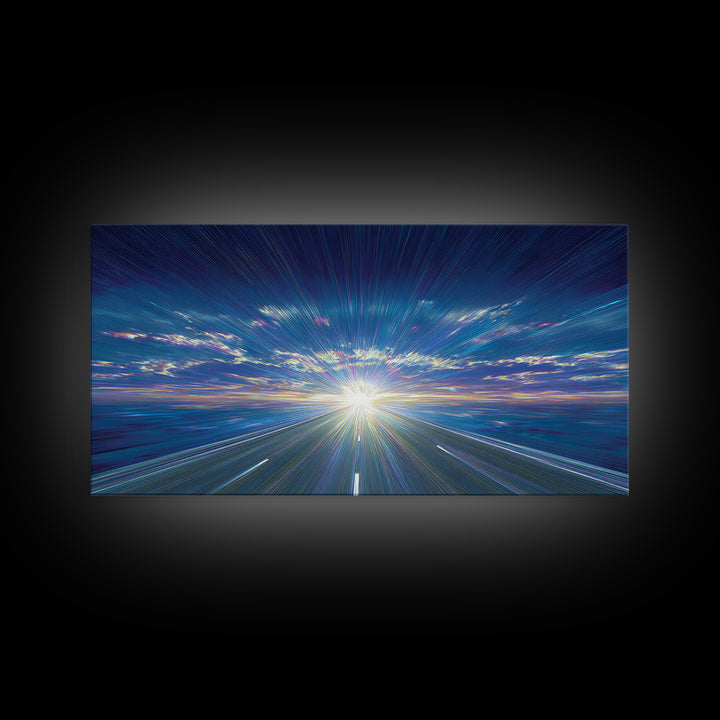 Blue Highway Light Burst Canvas Print, Radiant Horizon Road, Modern Abstract Art, Retro Wall Art, Home Office Decor, Large Prints