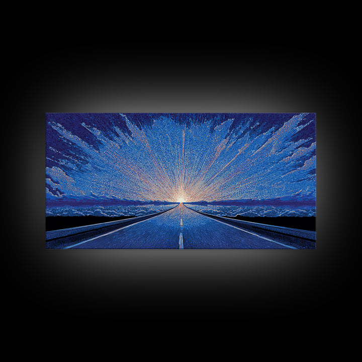 Icy Blue Road Sunrise Wall Art, Winter Horizon Light Burst, Modern Digital Art, Retro Poster, Statement Wall Decor, Home Office Art