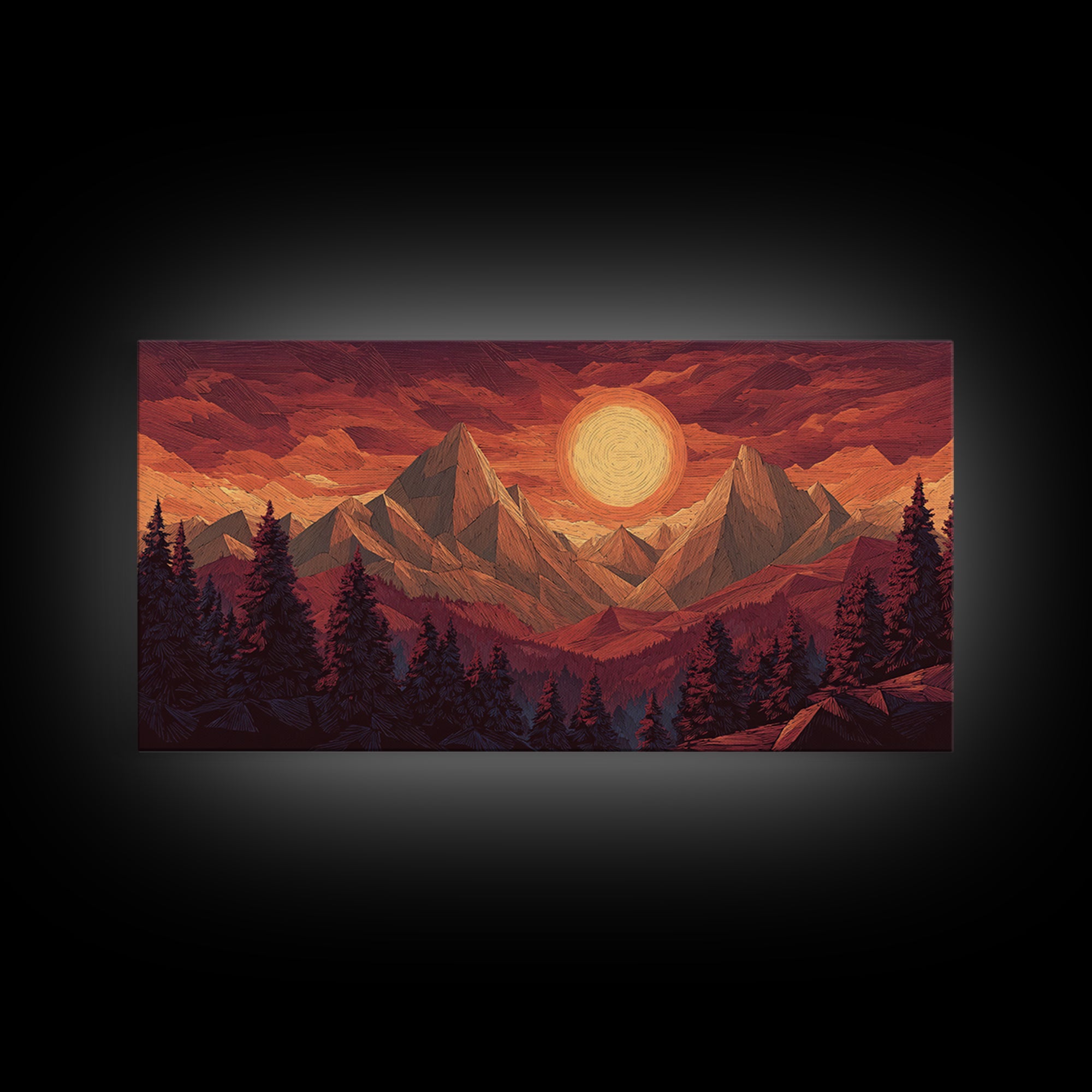Orange Sun Mountain Forest Framed Canvas Print, Retro Landscape Poster, Midcentury Wall Art, Rustic Cabin Decor, Living Room Art
