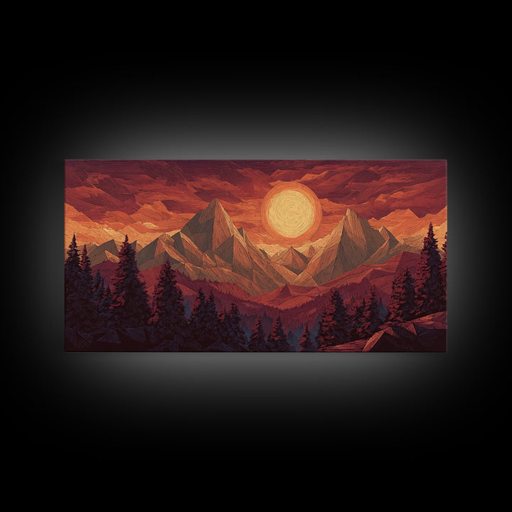 Orange Sun Mountain Forest Framed Canvas Print, Retro Landscape Poster, Midcentury Wall Art, Rustic Cabin Decor, Living Room Art
