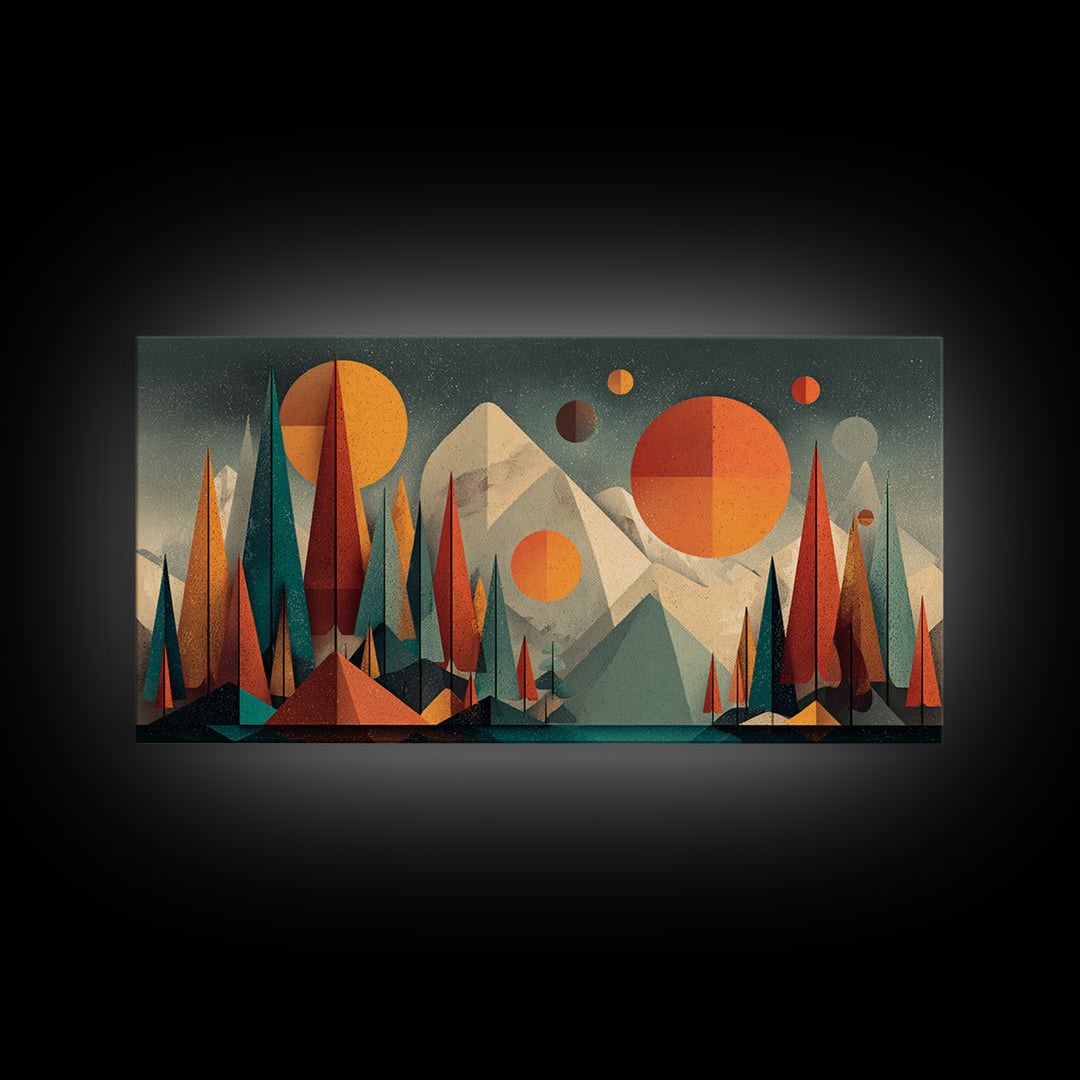 Geometric Mountain Forest With Suns Wall Art, Midcentury Modern Art, Abstract Landscape Print, Retro MCM Home Decor, Large Canvas Print