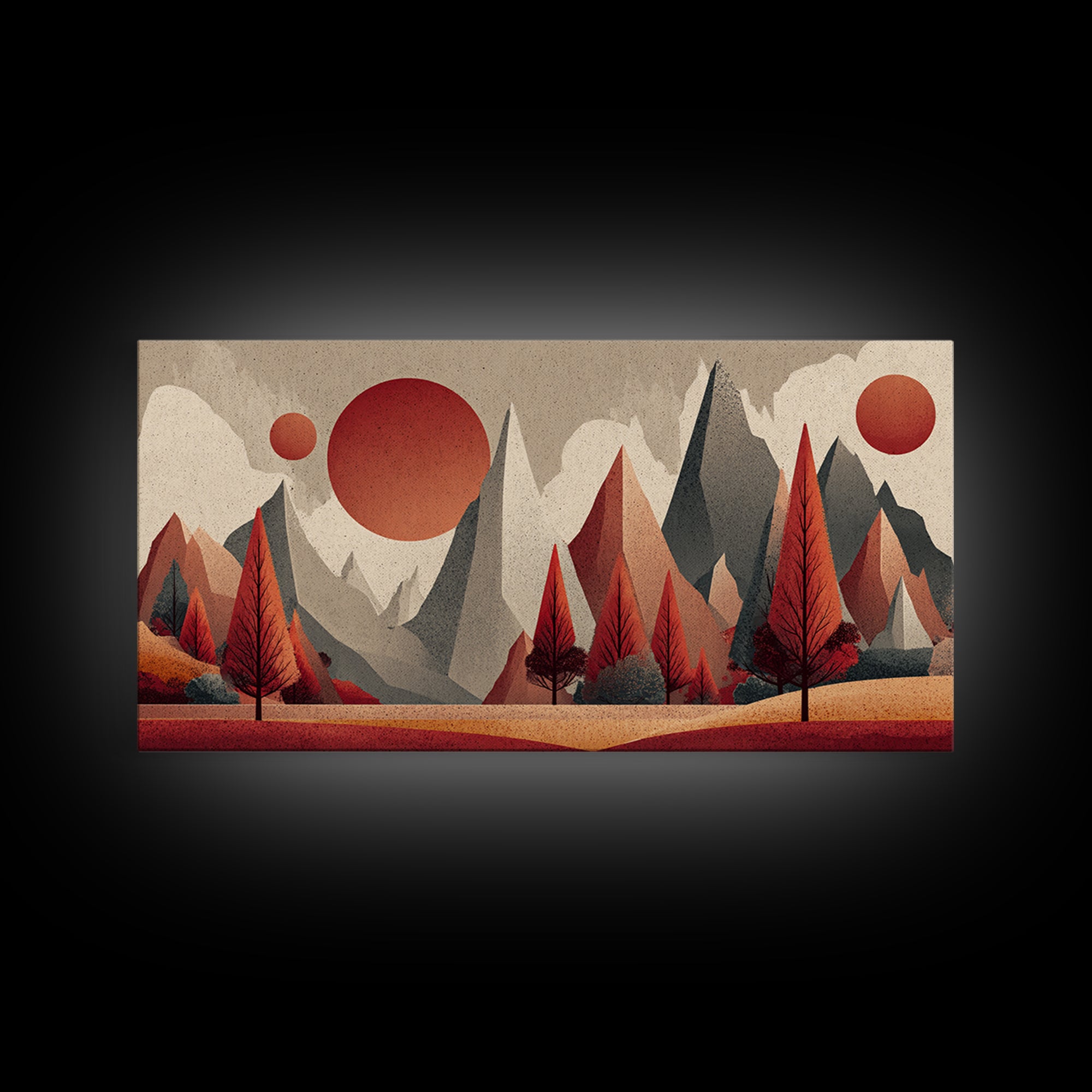 Red Pine Mountain Sunrise Wall Art, Midcentury Modern Abstract Landscape Print, Retro MCM Cabin Decor, Framed Canvas Print