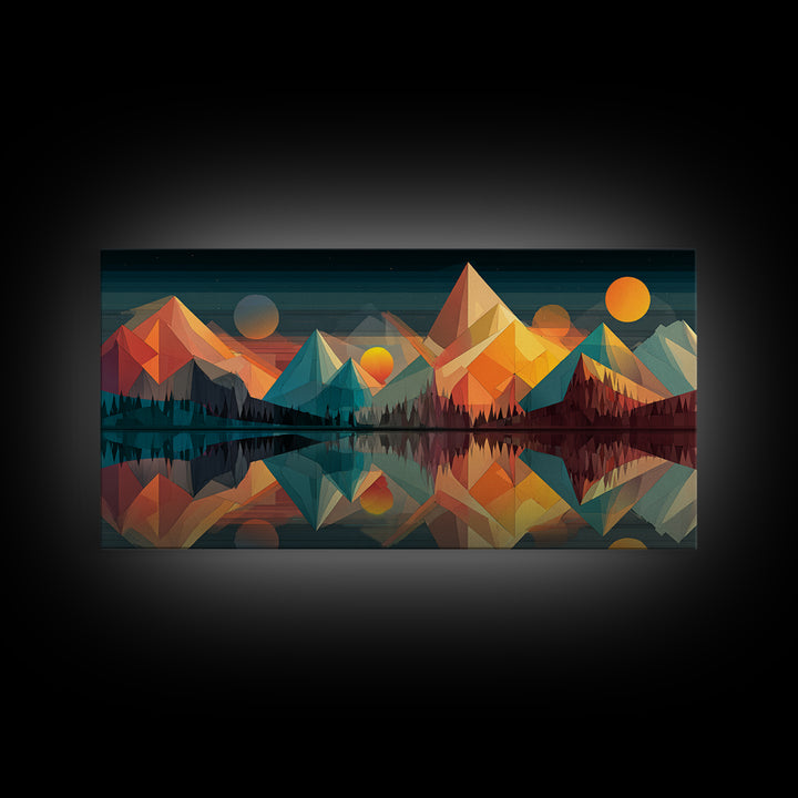 Colorful Geometric Mountain Lake Canvas Print, Midcentury Modern Wall Art, Abstract Landscape Poster, Retro MCM Cabin Home Decor
