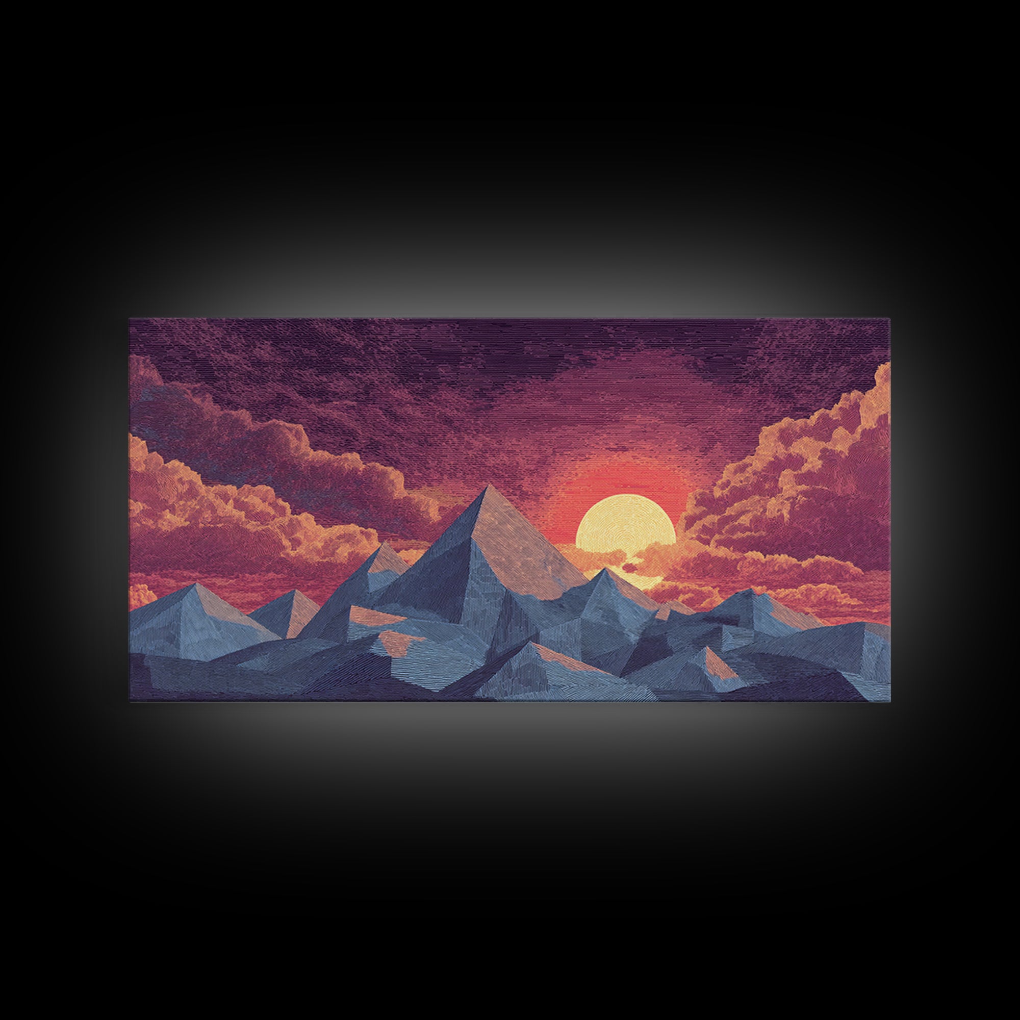 Textured Purple Mountain Sunset Wall Art, Retro Midcentury Modern Landscape Print, Scenic Bedroom Decor, Framed Canvas Print