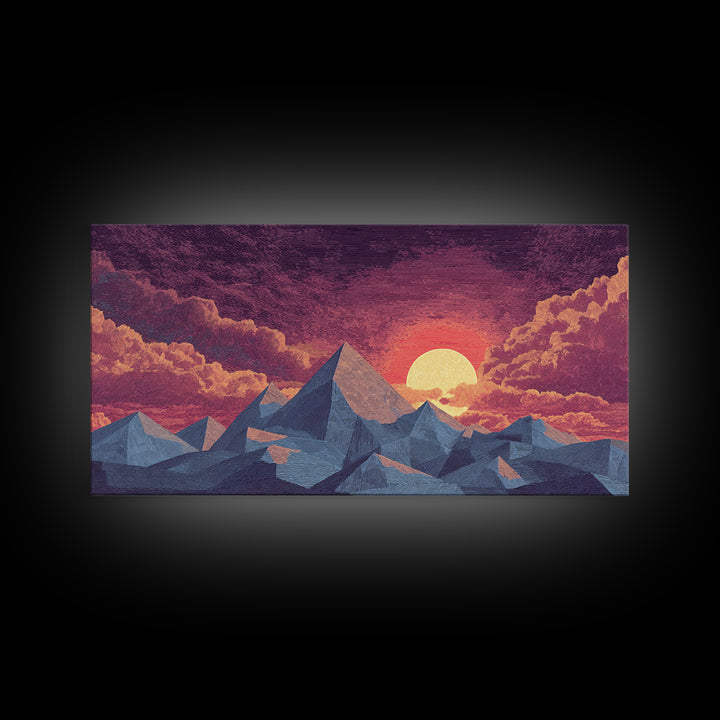 Textured Purple Mountain Sunset Wall Art, Retro Midcentury Modern Landscape Print, Scenic Bedroom Decor, Framed Canvas Print