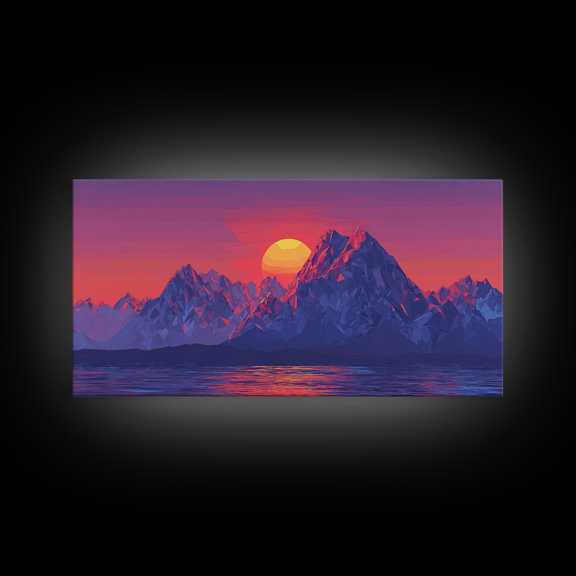 Alpine Mountain Lake Sunset Canvas Print, Blue Purple Landscape Wall Art, Modern Retro Poster, Bedroom Home Office Decor
