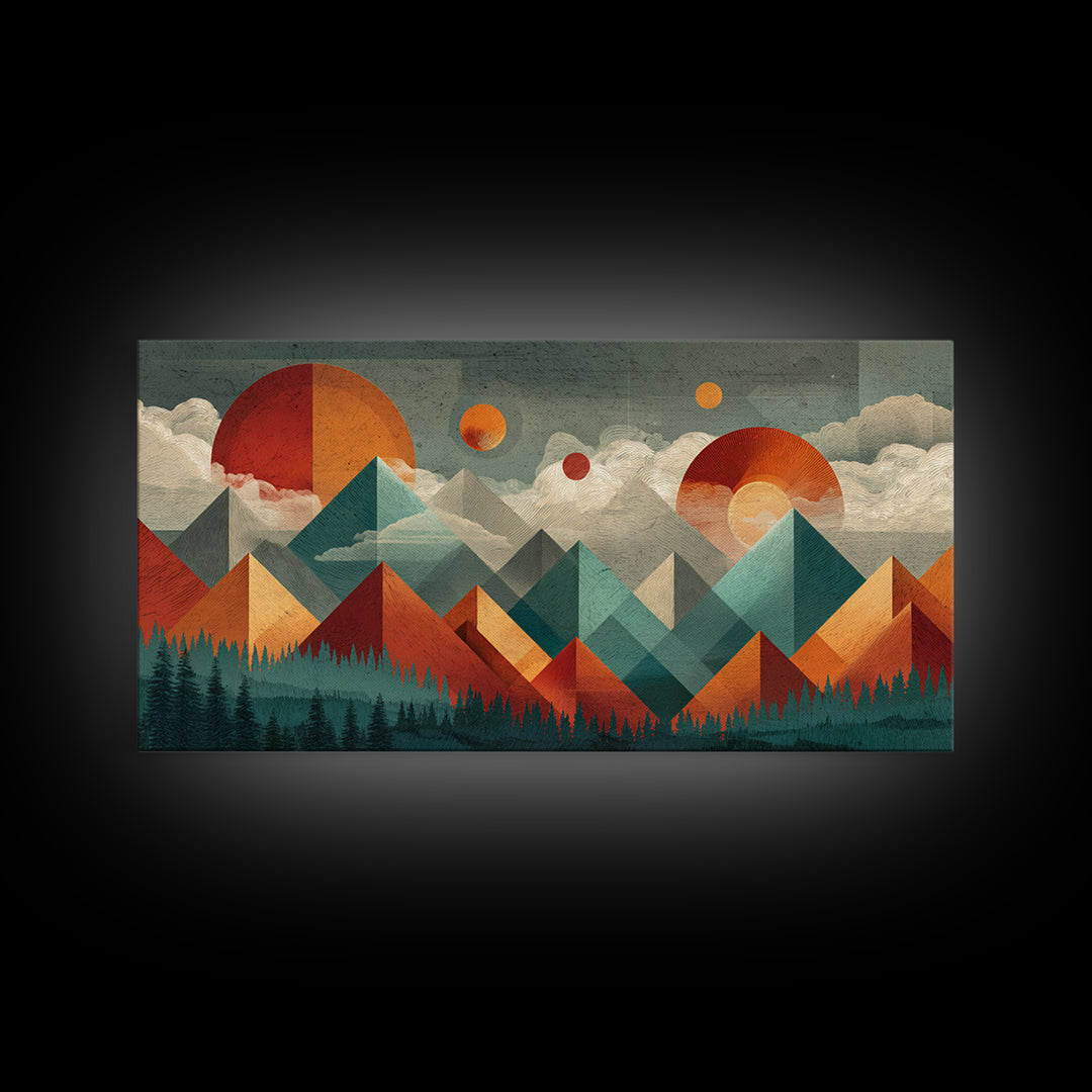 Orange Teal Geometric Mountain Suns Wall Art, Midcentury Modern Abstract Landscape Print, Retro MCM Home Decor, Canvas Print