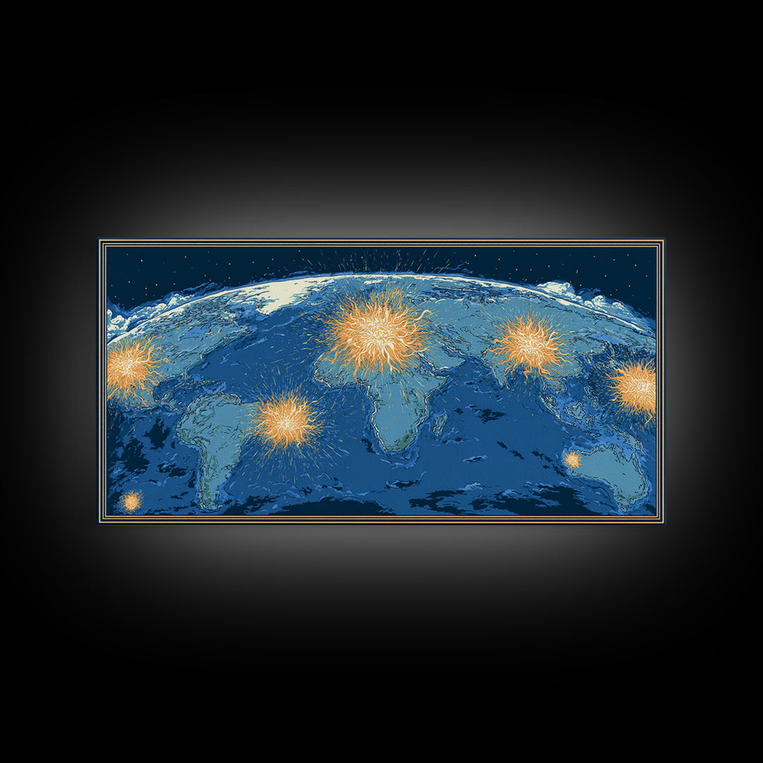 Blue World Map With Orange Network Bursts Wall Art, Modern Global Travel Print, Large Home Office Decor, Framed Canvas Print
