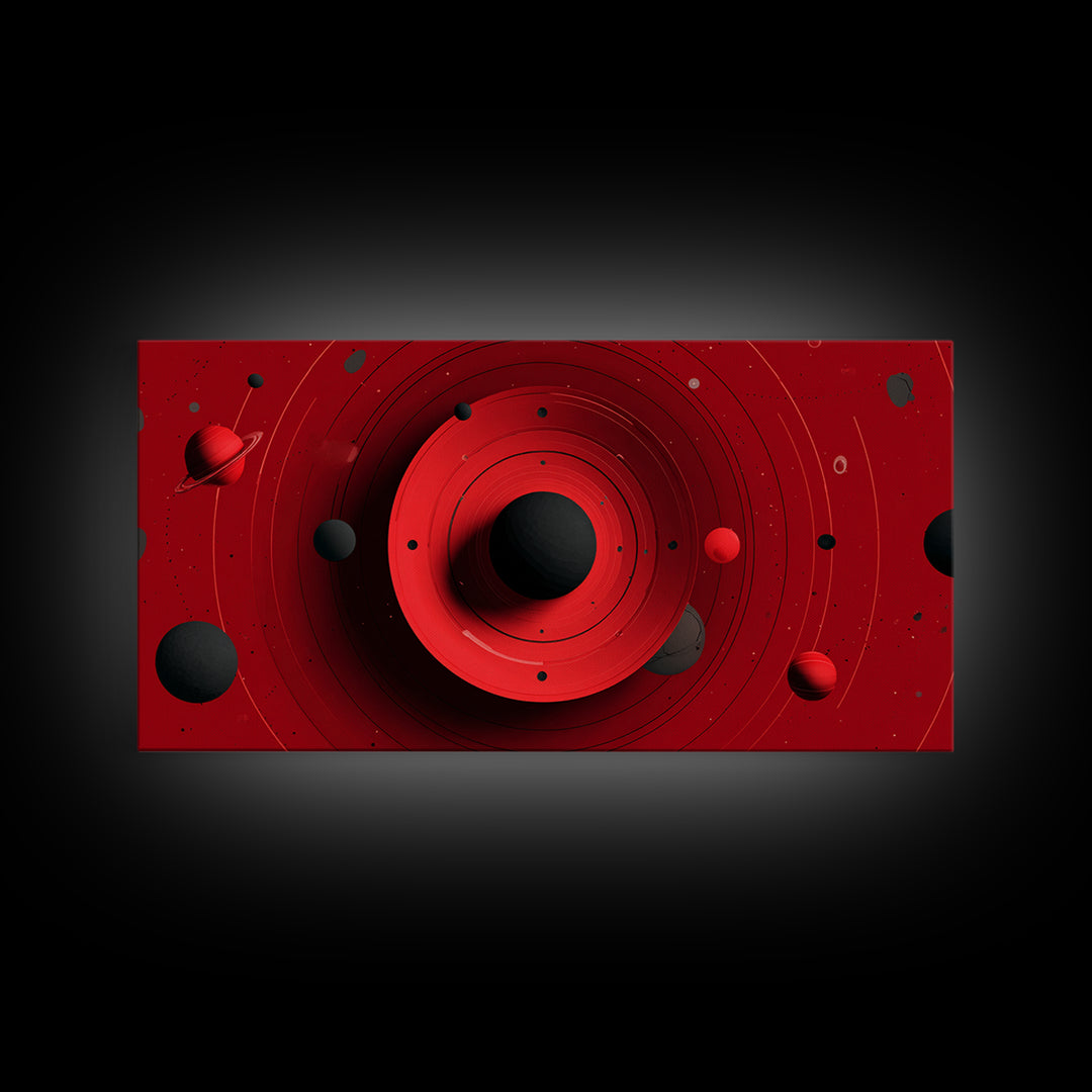 Red Black Planetary Rings Canvas Print, Midcentury Modern Cosmic Wall Art, Sci Fi Space Poster, Atomic Retro MCM Decor Art
