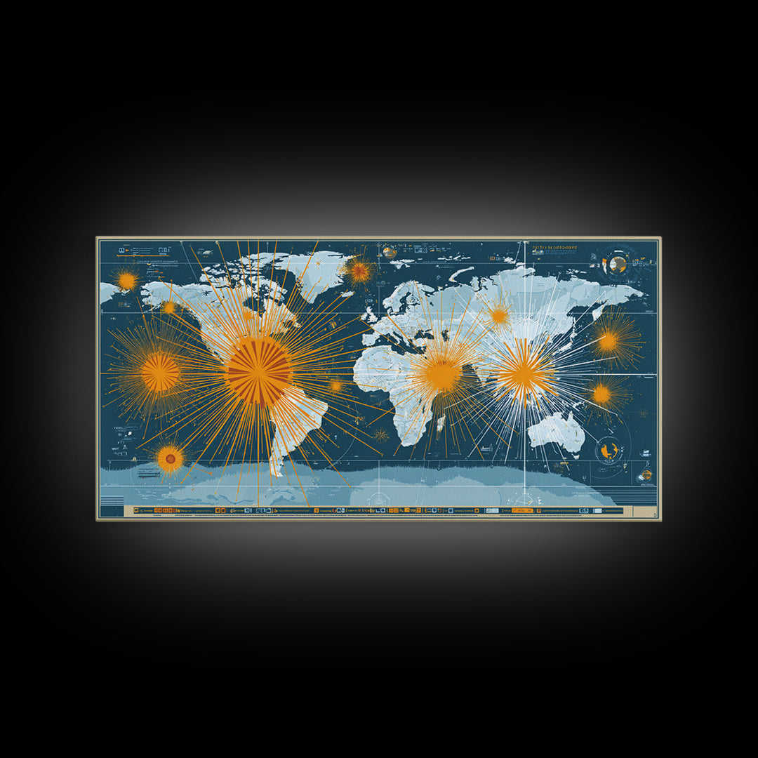Detailed Blue World Map Network Canvas Print, Modern Office Wall Art, Global Travel Poster, Large Home Decor, Digital Art Print