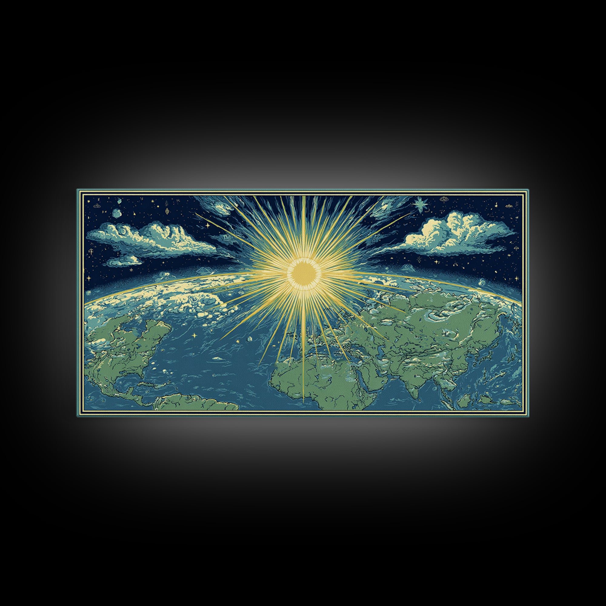 Radiant Sunrise World Map Wall Art, Celestial Earth Poster, Midcentury Modern Art Print, Starry Travel Decor For Living Room