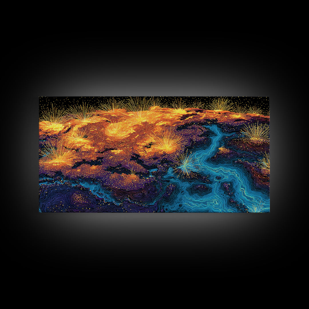 Glowing City Lights Earth Canvas Print, Abstract World Map Poster, Modern Wall Art Print, Orange Blue Travel Decor For Office