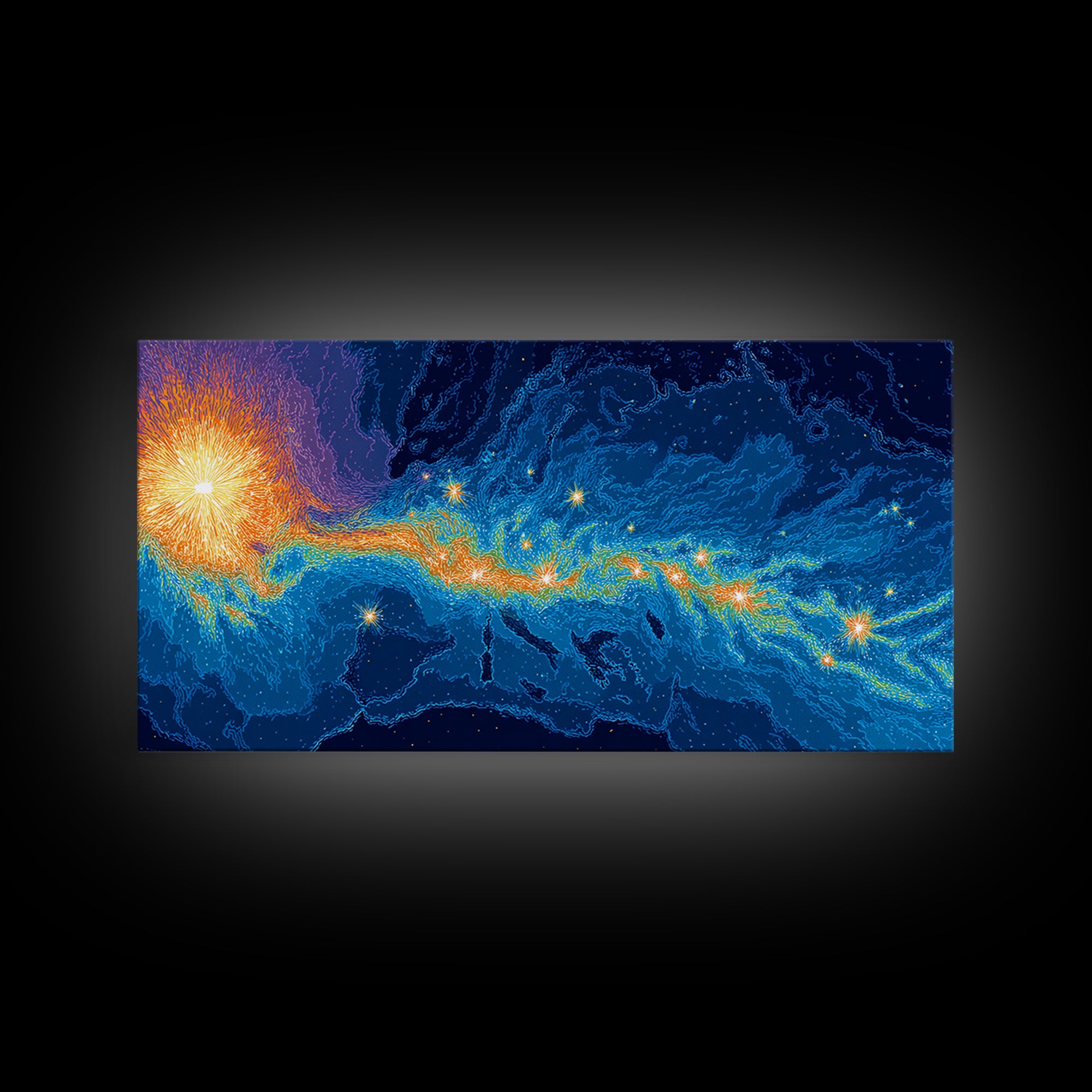 Cosmic Energy Map Wall Art, Blue Orange Abstract Poster, Modern Digital Art Print, Sci Fi Travel Decor For Bedroom And Office