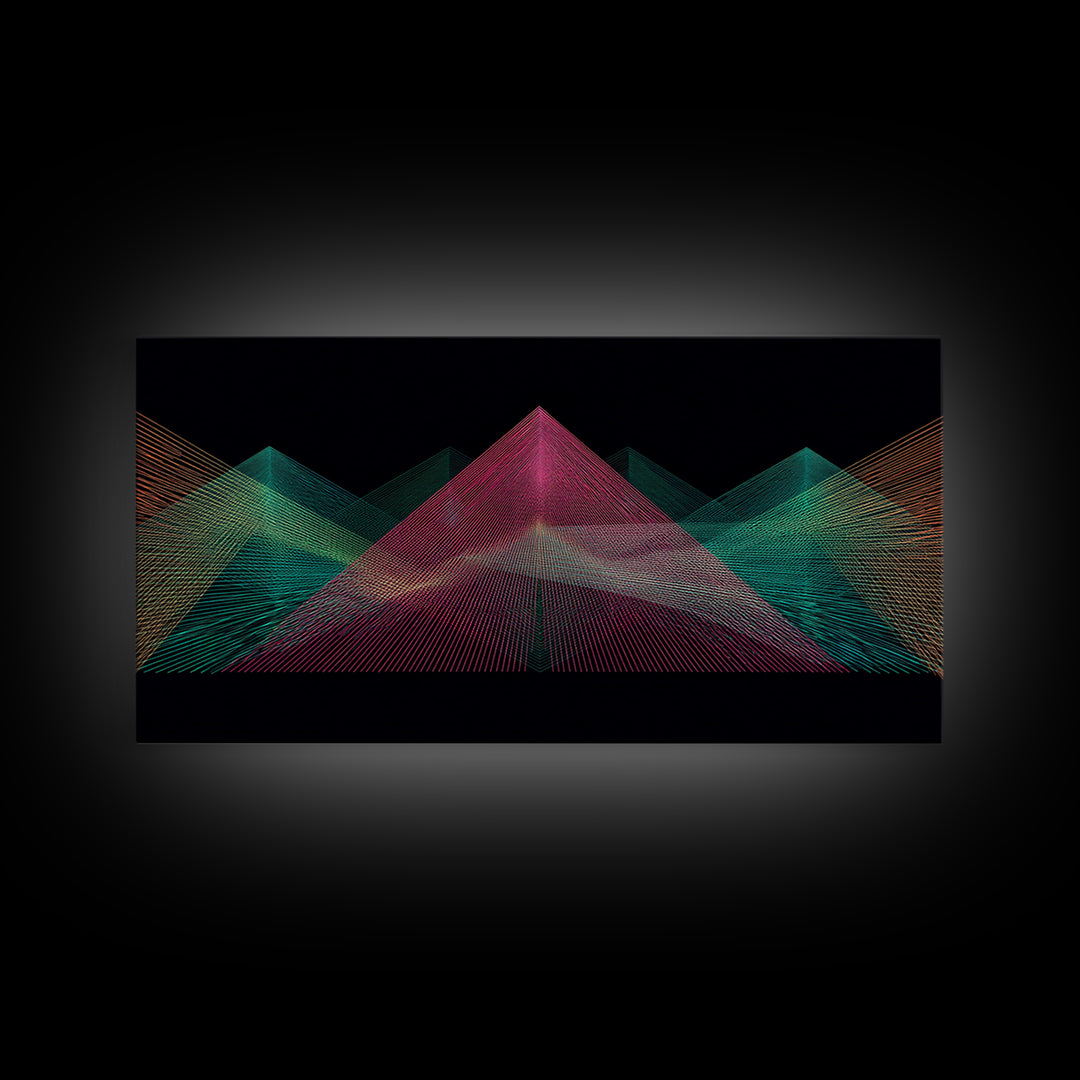 Neon Wireframe Pyramid Wall Art, Sci Fi Abstract Poster, Modern Digital Art Print, Black Retro Decor For Gaming Room Or Studio