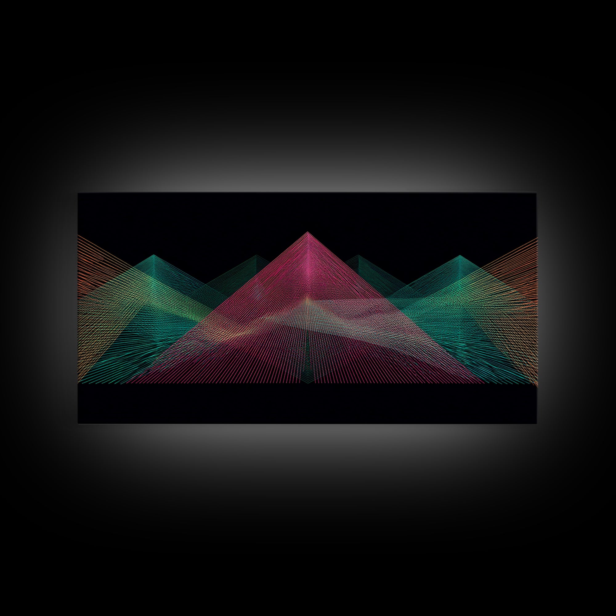 Neon Wireframe Pyramid Wall Art, Sci Fi Abstract Poster, Modern Digital Art Print, Black Retro Decor For Gaming Room Or Studio