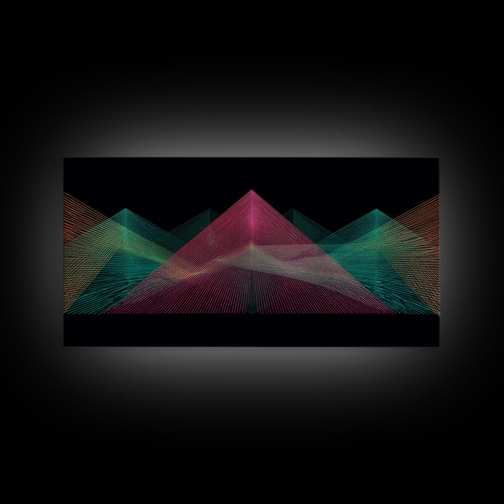 Neon Wireframe Pyramid Wall Art, Sci Fi Abstract Poster, Modern Digital Art Print, Black Retro Decor For Gaming Room Or Studio