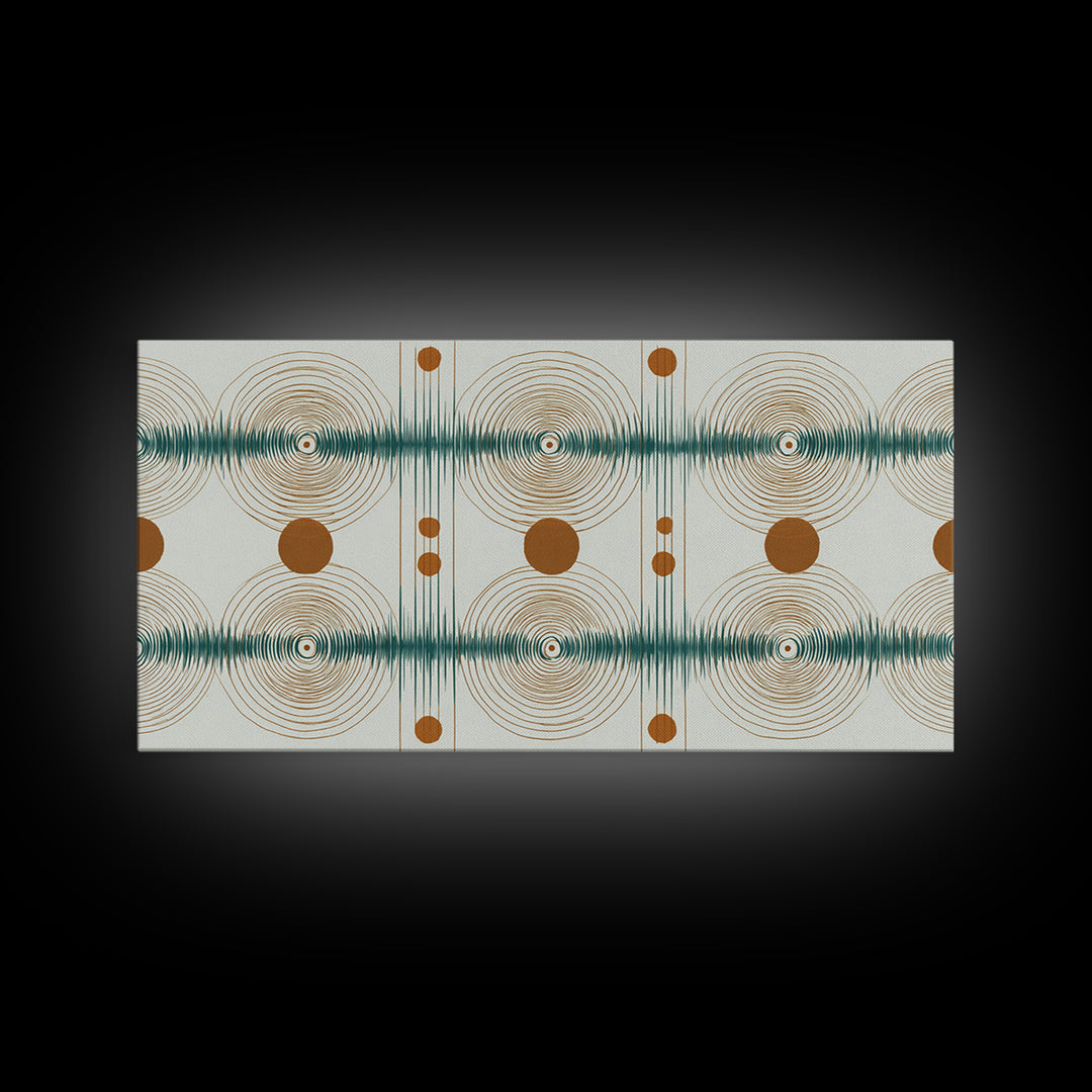 Teal Copper Atomic Sound Wave Framed Canvas Print, Midcentury Modern Art, Geometric Wall Art, Retro Home Office Decor Print