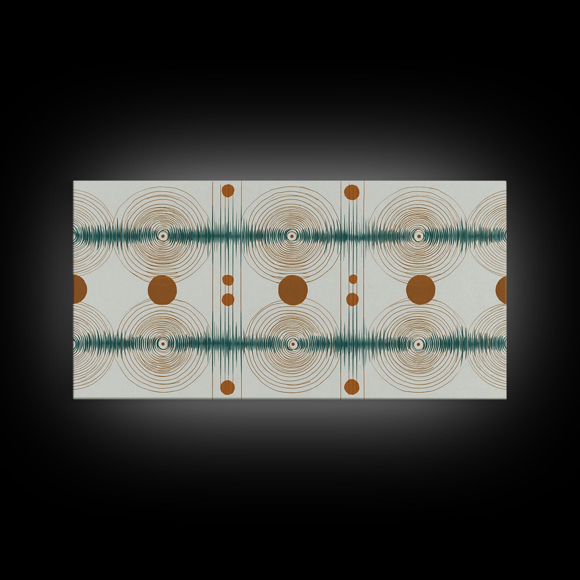 Teal Copper Atomic Sound Wave Framed Canvas Print, Midcentury Modern Art, Geometric Wall Art, Retro Home Office Decor Print