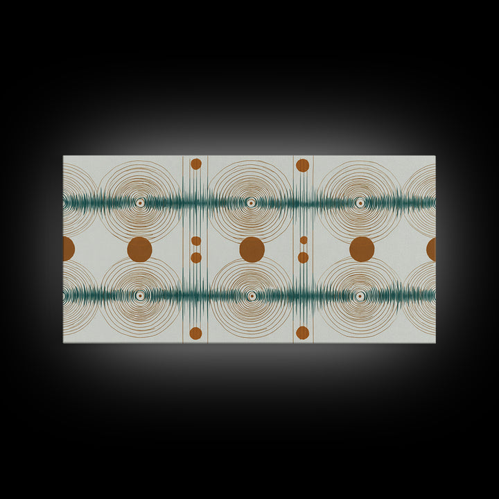 Teal Copper Atomic Sound Wave Framed Canvas Print, Midcentury Modern Art, Geometric Wall Art, Retro Home Office Decor Print