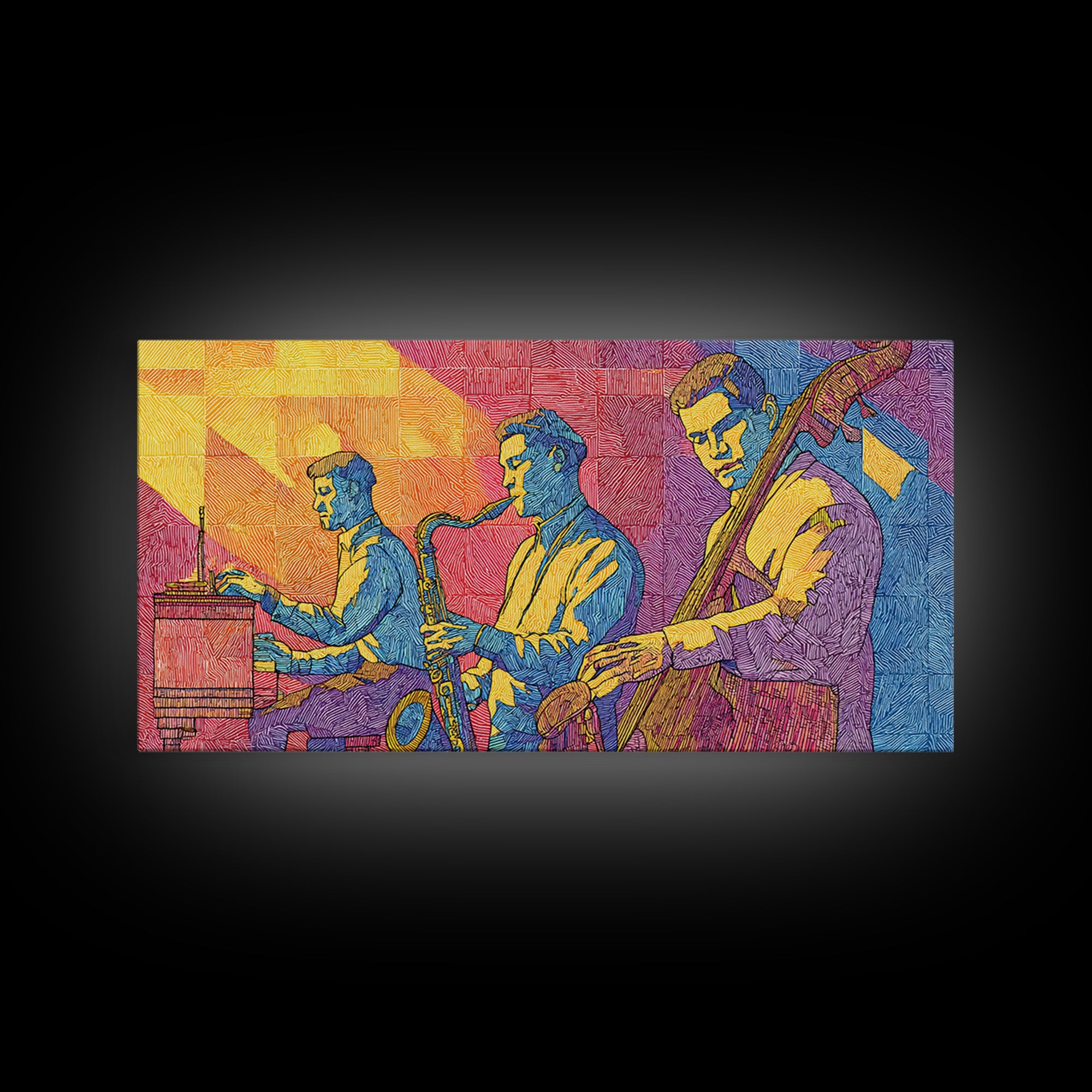 Bright Pop Art Jazz Trio Wall Art, Colorful Midcentury Modern Art Print, Saxophone Piano Bass, Studio Decor Poster Music Gift