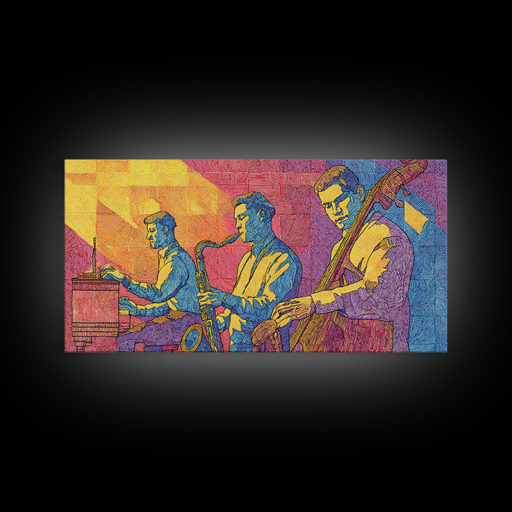 Bright Pop Art Jazz Trio Wall Art, Colorful Midcentury Modern Art Print, Saxophone Piano Bass, Studio Decor Poster Music Gift