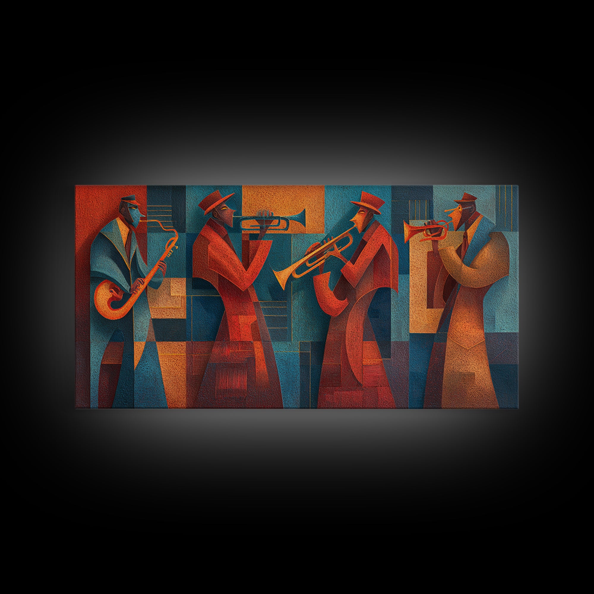 Red Teal Jazz Horn Ensemble Framed Canvas Print, Midcentury Modern Wall Art, Retro Music Poster, Masculine Decor Gift For Him