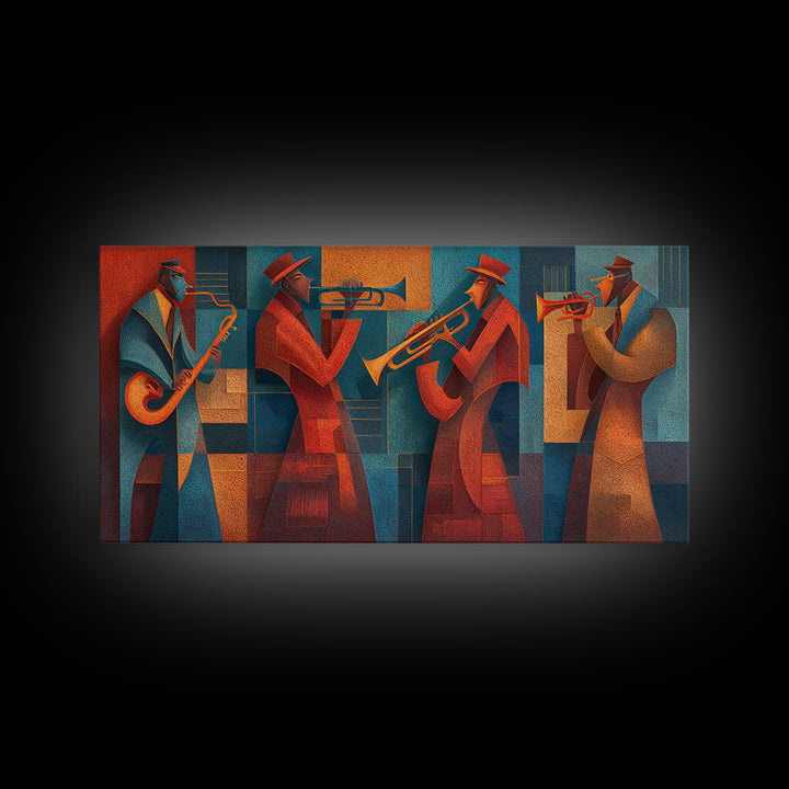 Red Teal Jazz Horn Ensemble Framed Canvas Print, Midcentury Modern Wall Art, Retro Music Poster, Masculine Decor Gift For Him