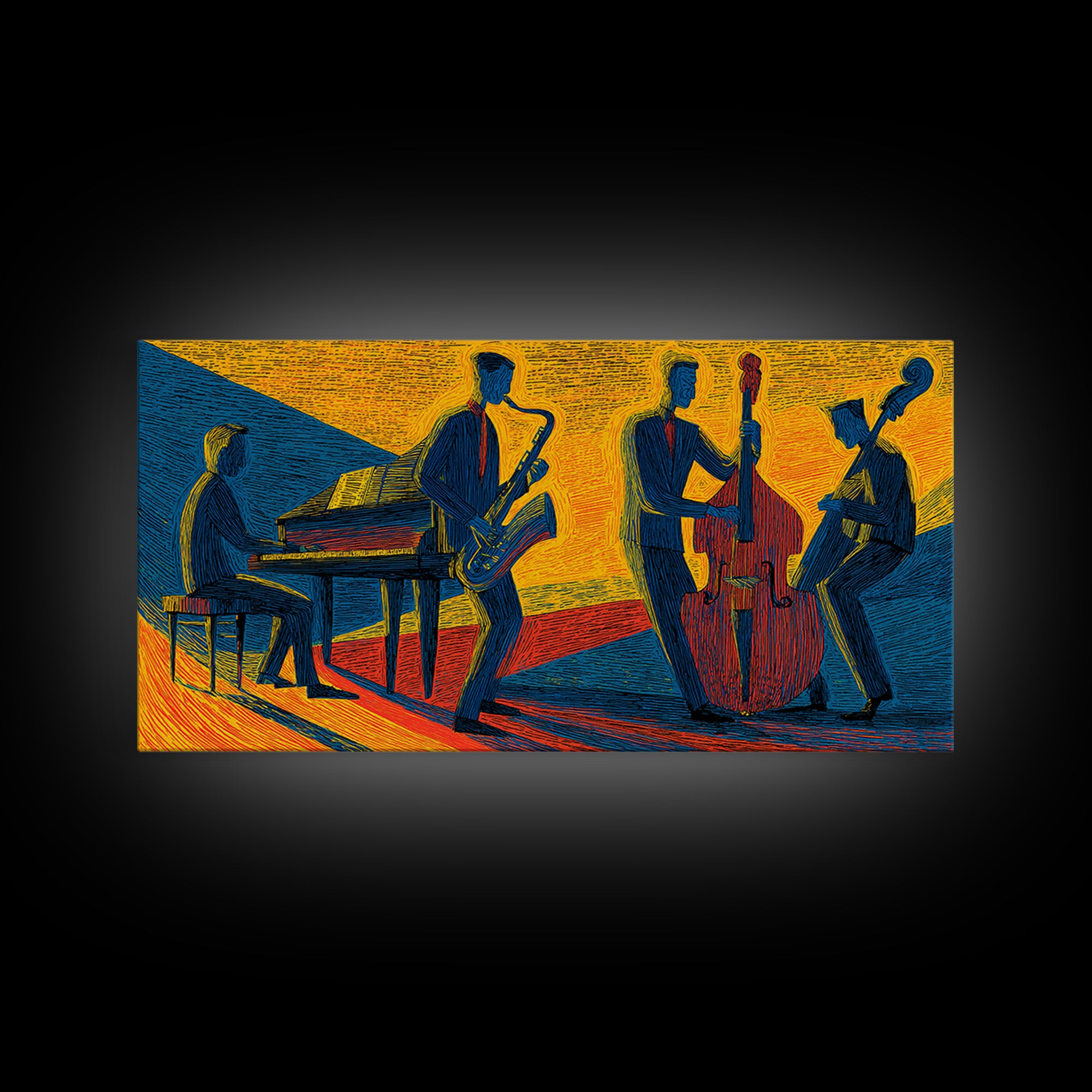 Yellow Blue Jazz Club Quartet Canvas Print, Midcentury Modern Art, Retro Wall Art, Sax Piano Bass Living Room Decor Poster
