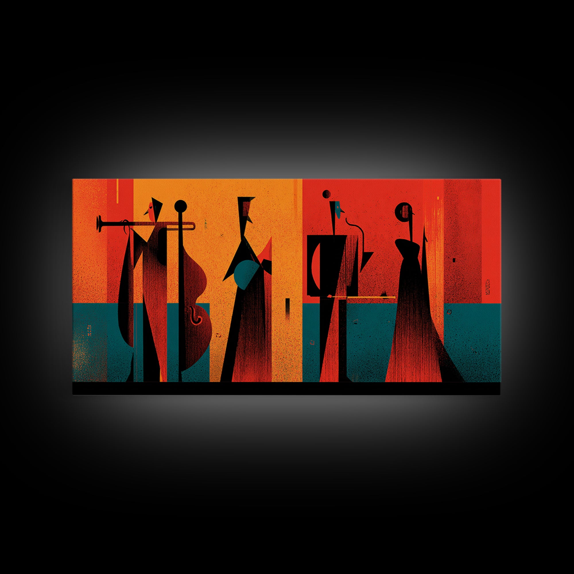 Orange Black Abstract Jazz Ensemble Wall Art, Midcentury Modern Poster, Atomic Art Print, Bold Geometric Home Decor For Musicians