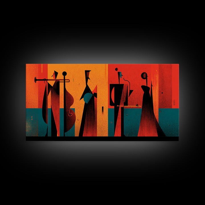 Orange Black Abstract Jazz Ensemble Wall Art, Midcentury Modern Poster, Atomic Art Print, Bold Geometric Home Decor For Musicians