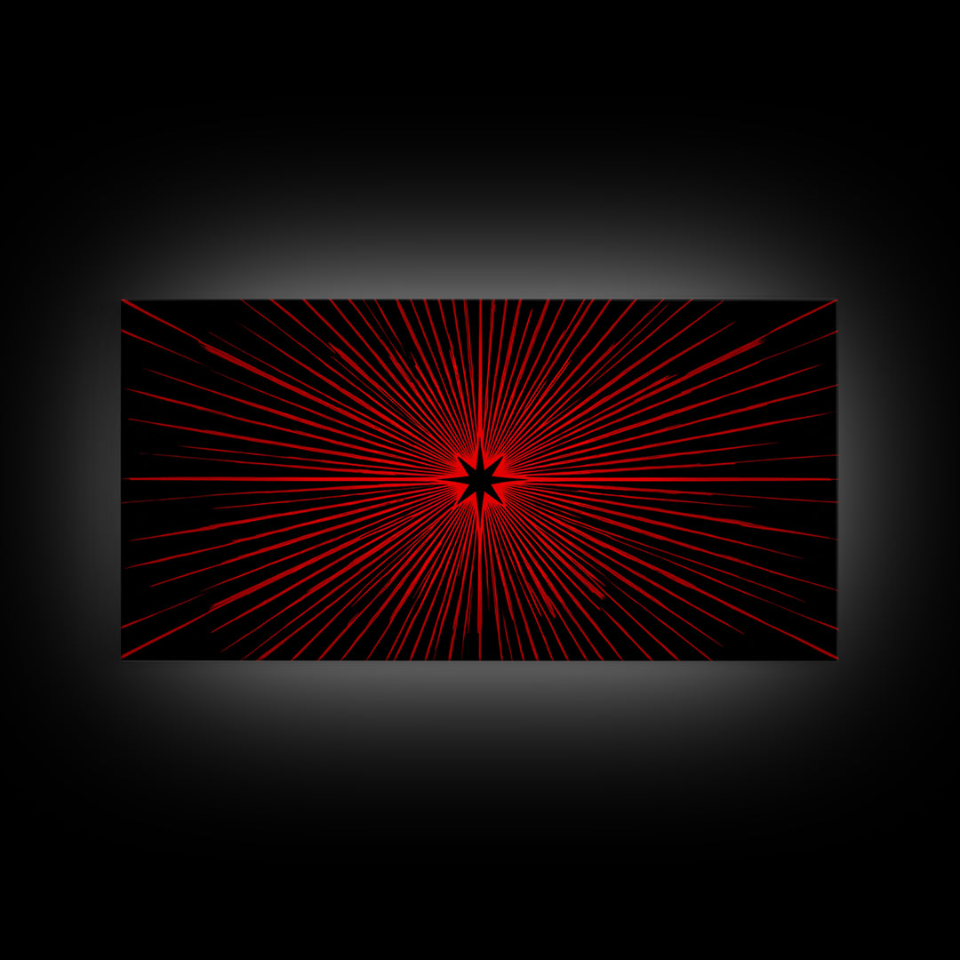 Red Starburst On Black Wall Art, Midcentury Modern Op Art Poster, Atomic Sunburst Canvas Print, Bold Geometric MCM Decor